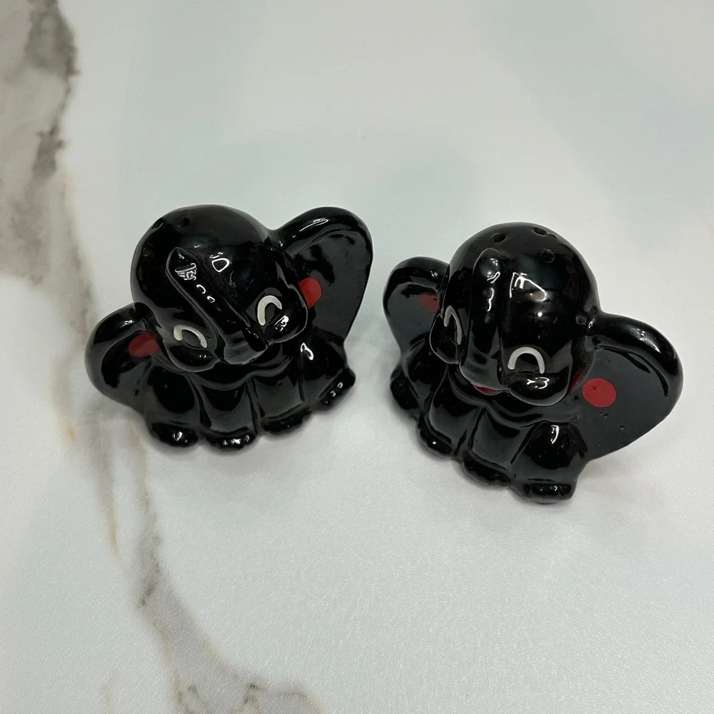 Vintage Black Elephant Salt and Pepper Shakers Set Ceramic Japan Mid Century
